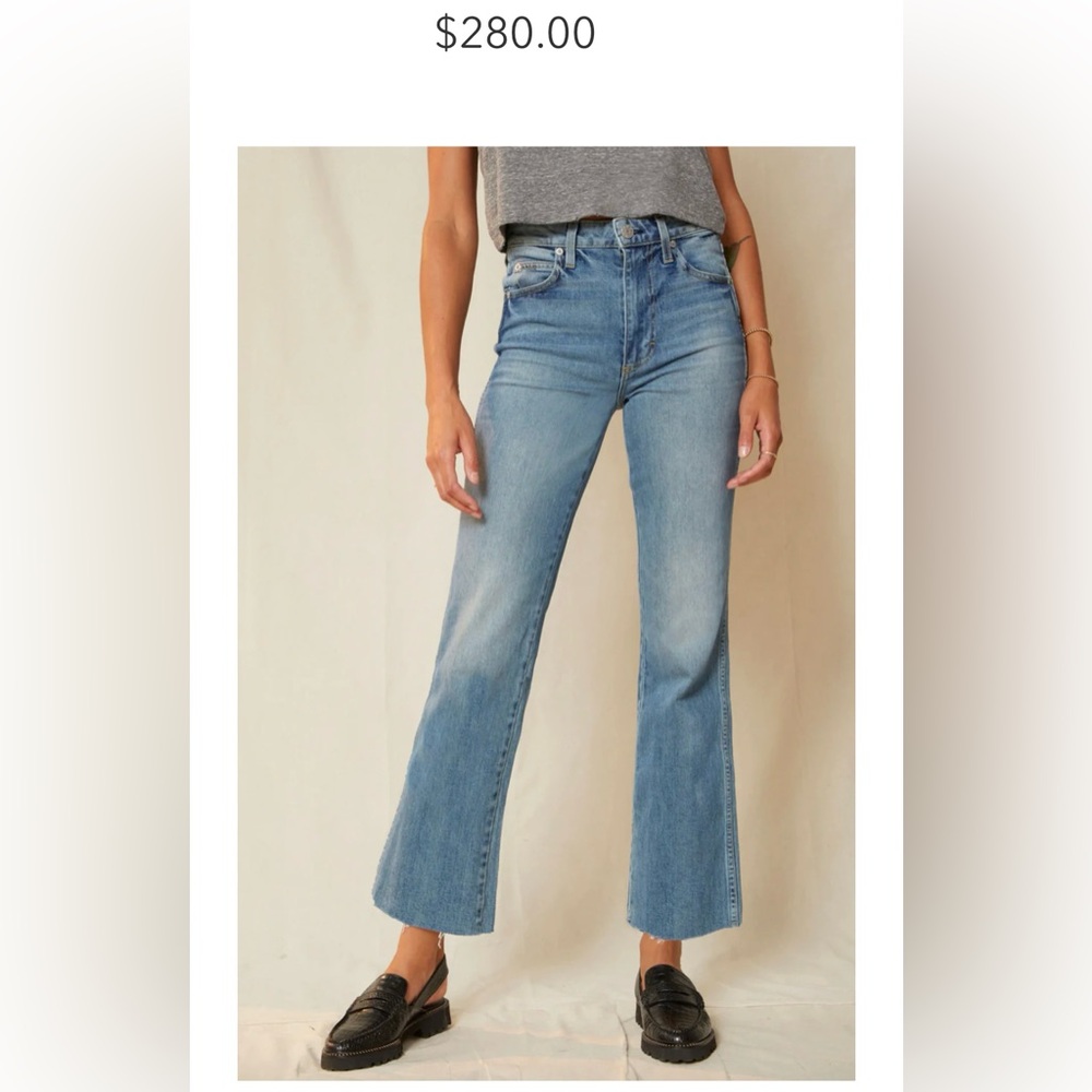 AMO High Rise Kick Crop Topanga Wash Jean Distressed Raw Hem size 30